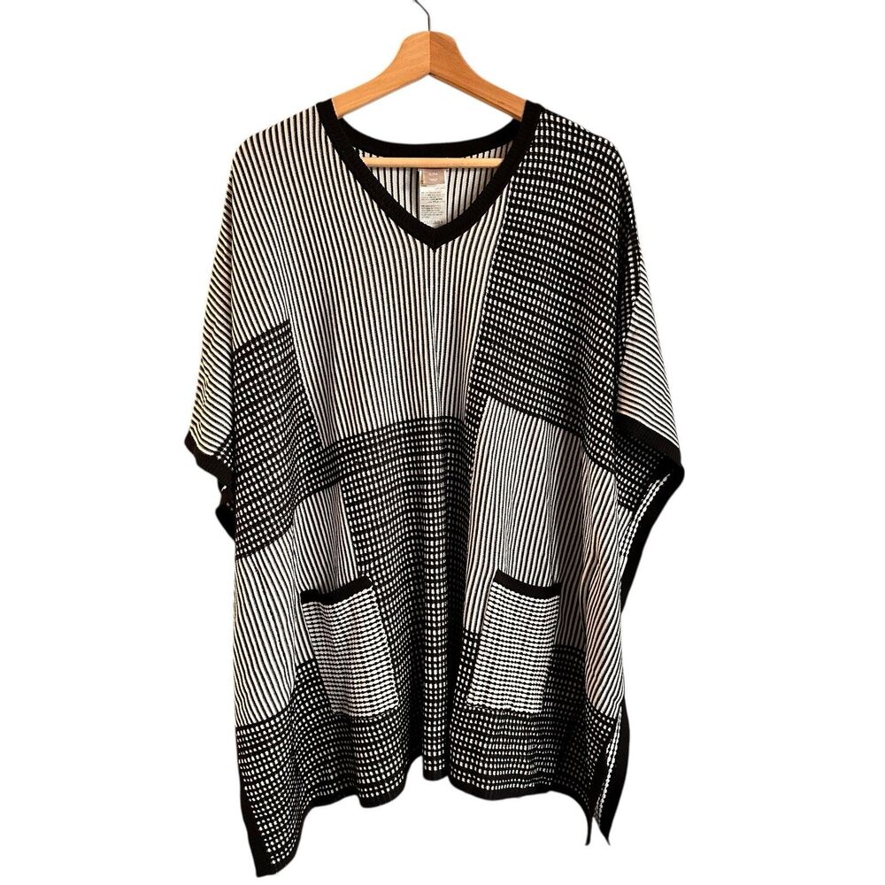 CHICO'S Sweater S/M Black White Knit Striped Pullover Tabard Patchwork Poncho